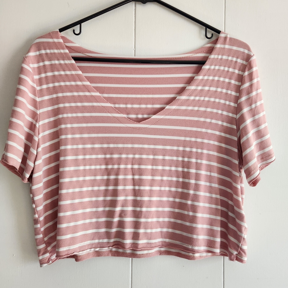 SHEIN Pink Striped V-Neck Crop Top